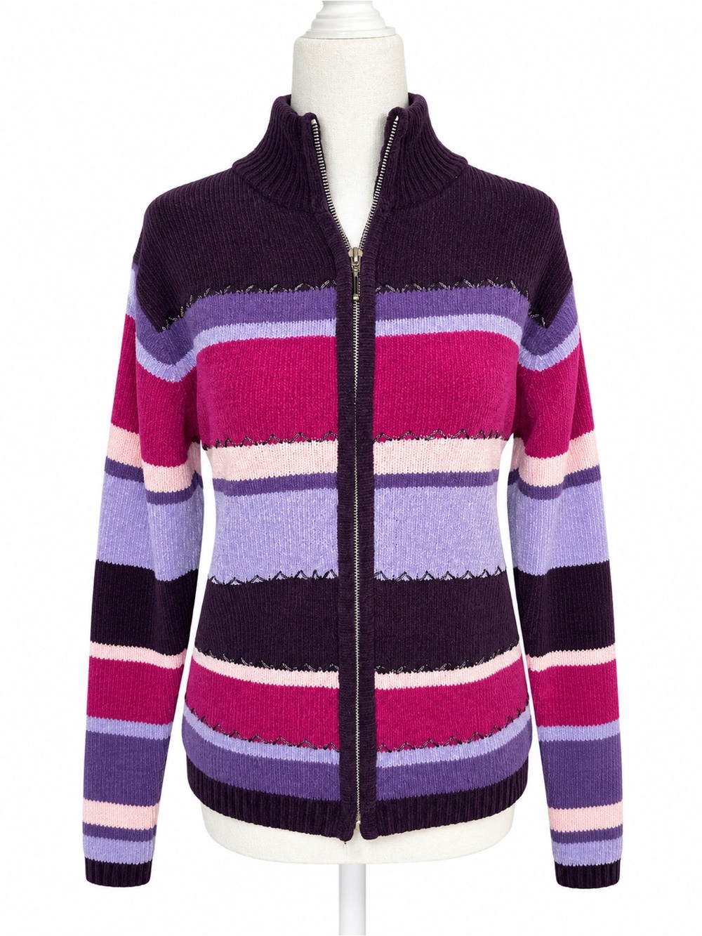 dressbarn Purple, Pink & Lilac Striped Zip-Front Cardigan